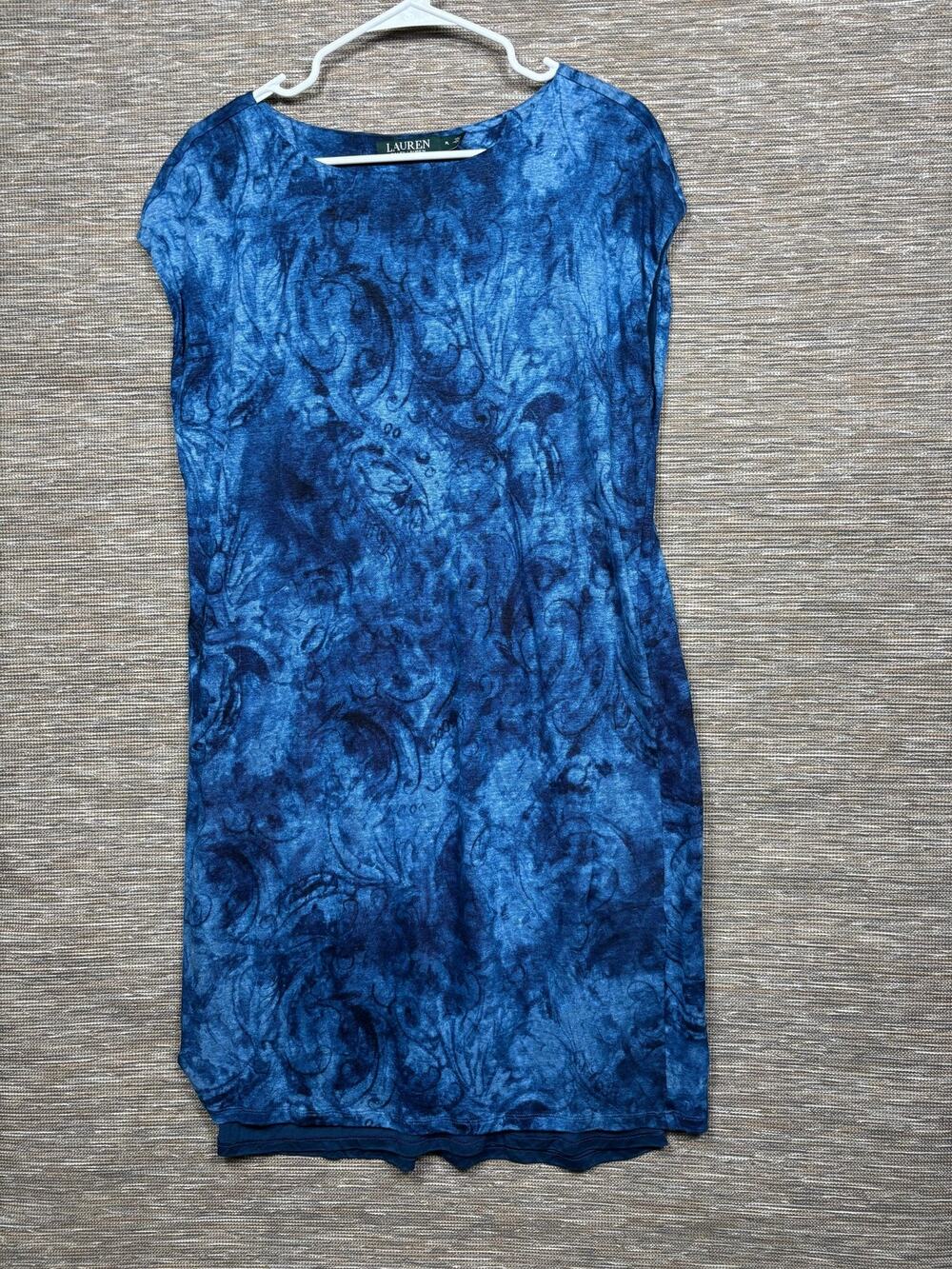 Lauren Ralph Lauren Dress Womens PL Blue Tie Dye Linen Shift Boat Neck Lined